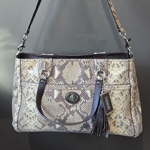 Coach Faux Python Snake Print Satchel with Shoulder Strap - Black and Cream